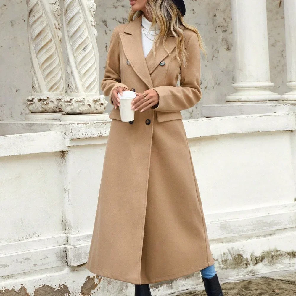 Khaki Casual Womens Lapel Neck Double Breasted Overcoat - Picture 4 of 5